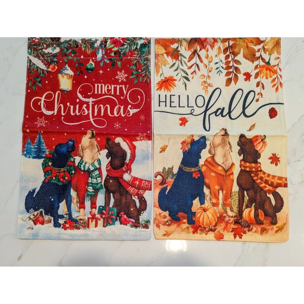 NEW: Set of 2 Labrador Dog Double Sided Garden Flags FALL & WINTER 12x18"